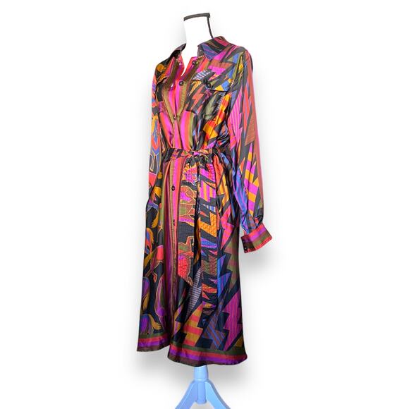 Farm Rio Wild Horses Long Silky Shirt Dress Sz S Multi Belted Long Sleeve NWOT - Picture 3 of 16